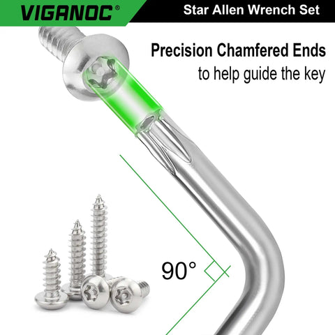 Chrome Vanadium Long Arm Torx Star Allen Wrench Set T10 To T50 Nine Piece with chamfered ends and screws detail