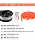 AF-100 Compatible Trimmer Spool Refill 30 Ft 0.065 Inch Line For Black And Decker GH600 GH900 LST201 LSTE525 BESTA510 Weed Eater Edger RC-100-P Spool Cap Covers 6 Pack Heavy Duty Quick Install, shown with spool, spring, and cap.
