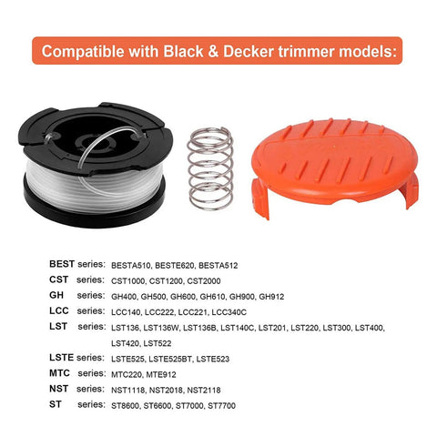 AF-100 Compatible Trimmer Spool Refill 30 Ft 0.065 Inch Line For Black And Decker GH600 GH900 LST201 LSTE525 BESTA510 Weed Eater Edger RC-100-P Spool Cap Covers 6 Pack Heavy Duty Quick Install, shown with spool, spring, and cap.