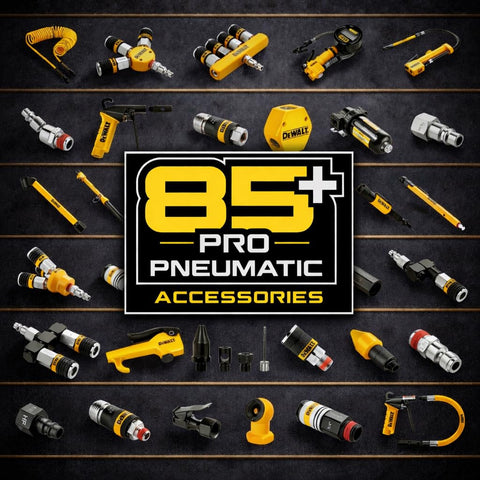 Assortment of 85+ pro pneumatic accessories, showcasing tools like air plugs, fittings, and connectors with a yellow-black theme.
