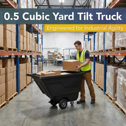Rugged Build Tilt Truck Dump Cart Boasts Half Cubic Yard Volume And 300 Pound Weight Limit sturdy black cart used for moving boxes