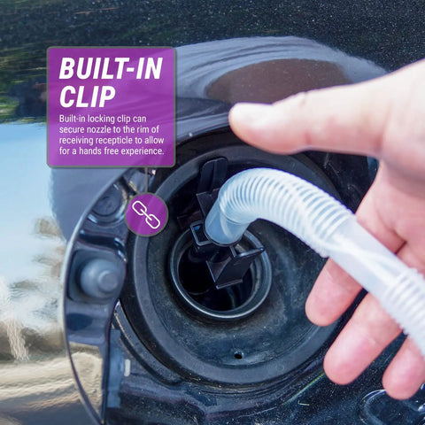 Portable Battery Powered Fuel Transfer Pump With Auto Stop Sensor No Mess 2 Ft Hose 2.4 GPM Flow For Gas And Diesel Easy Fill Loud Beep Alert Requires 2 D Batteries (Not Included), built-in clip on fuel tank