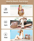 Packable 2 In 1 Beach Tote Bag With Foldable Design, Lightweight And Spacious, shown at beach, gym, and pool.
