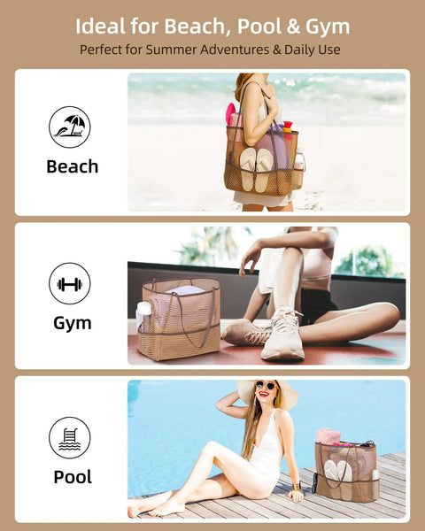 Packable 2 In 1 Beach Tote Bag With Foldable Design, Lightweight And Spacious, shown at beach, gym, and pool.