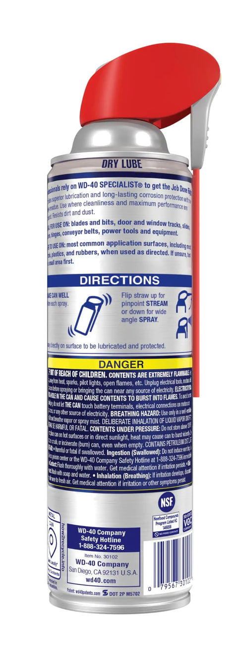 Go-To Dry Lube For Locks, Machinery And Tools With Heavy-Duty Strength, 12.1 Oz Can with instructions and safety warnings