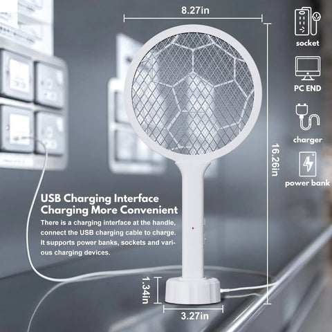 Two Pack Electric Fly Swatter Racket Bug Zapper And Mosquito Zapper With Eight LED High Voltage Handheld 3000V Instant Mosquito Killer Two In One Mode For Fast Physical Bug Control with USB charging interface on metal surface.