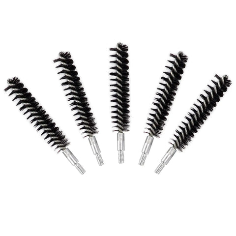 All In One Nylon Bristle Bore Cleaning Kit For Pistols With 5 Brushes And 50 Patches For Calibers.17,.22,.260/6.5mm,.357/9mm,.40,.45,.30/7.62mm Gentle Yet Effective Loop End Bristles For Safe Bore Scrubbing showing five nylon brushes