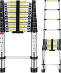 Sixteen Point Five Foot Aluminum Telescoping Ladder With Extra Replacement Non Slip Rubber Covers Beefy 330 Pound Load Capacity Foldable Multi Purpose Ladder For RV Outdoor DIY Projects, folded and extended view