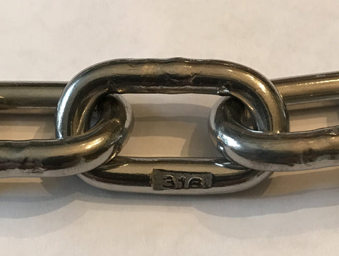 Marine Grade Stainless Steel 316 Anchor Chain One Quarter Inch By Ten Feet Includes Two Bow Shackles, 4000 Pound Chain Breaking Strength, close-up view