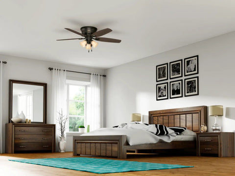 52 Inch Indoor Ceiling Fan With LED Lights, Bronze Finish, Low Profile Flush Mount, 5 Blades, Pull Chain in bedroom