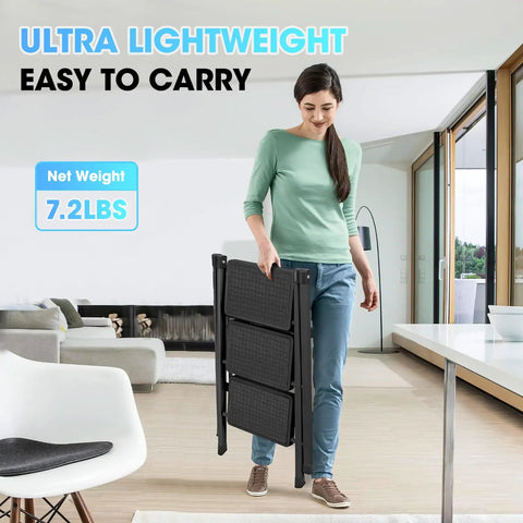 3 Step Folding Ladder For Adults With Anti Slip Wide Pedals Lightweight Aluminum Step Stool Portable 330 Lbs Capacity Ladder For Home Kitchen Office Library Easy Fold Compact Built To Last And Safe, 7.2 lb folded in living room