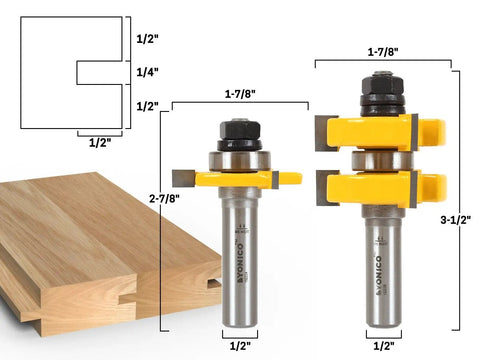 Tongue and Groove Router Bit Set for table mounted routers with 1/4 inch cut, half inch shank, C3 carbide blades, ideal for flooring.