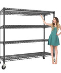 Beefy 4-Tier Garage Shelving Unit On Wheels With Extra Wide 59 Inch By 71.8 Inch Rack, 2640 Lbs Capacity next to person for scale.