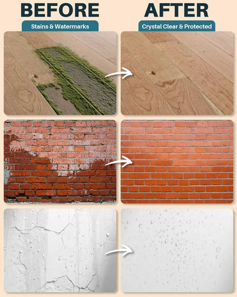 Clear Waterproof Sealant 5 Gallon Transparent Coating For Indoor And Outdoor Use applied on wood, brick, and concrete surfaces before and after.