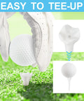 Golf ball on 1.5 inch plastic tee with low friction tech, close-up, part of 120 pack for irons, par threes, hybrids, and driving range