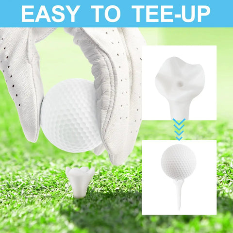 Golf ball on 1.5 inch plastic tee with low friction tech, close-up, part of 120 pack for irons, par threes, hybrids, and driving range