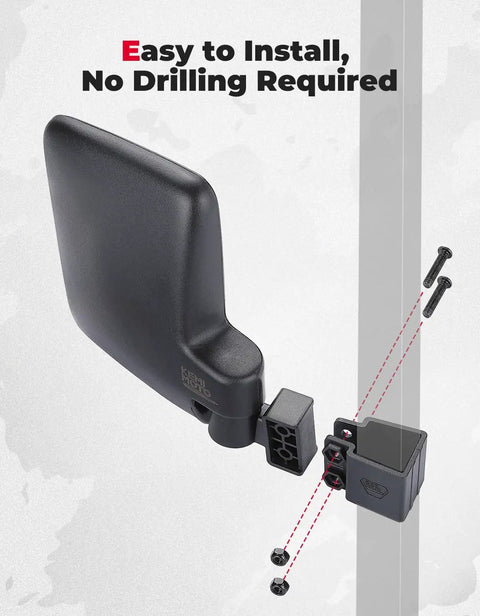 No Drilling Golf Cart Side Mirrors With Folding Design, universal rear view for 0.75 to 1.25 inch square rails, quick clamp shown