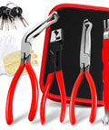 4-Piece Auto Electrical Disconnect Pliers Set With Storage Box for Safe Push Tab Connectors with red handles, accessories, and black case