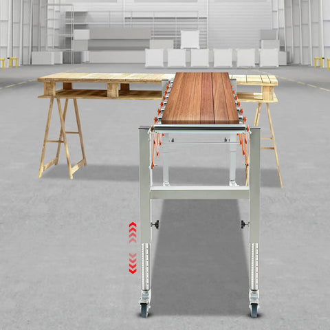 Heavy Duty Adjustable Conveyor Roller Table With Swivel Casters And Hooks, showcasing wood top and adjustable height for material transport.