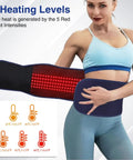 Woman wearing Cordless Back Massager Belt With Red Light Therapy for Pain Relief, showing heating levels and red light