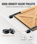 Eight Foot Sliding Barn Door Hardware Kit With 330 Lbs Capacity, showing silent pulleys and a partially installed wooden door.