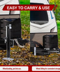 Heavy Duty Trailer Jack With 360 Swivel Weld-On Pipe Mount, 15 Inch Lift Range, Ergonomic Side Wind Handle And Foot Plate, Corrosion-Resistant Black E-Coat Finish, Supports 5,000 Lbs For RVs, Boat, Utility And Farm Trailers, shown beside RV