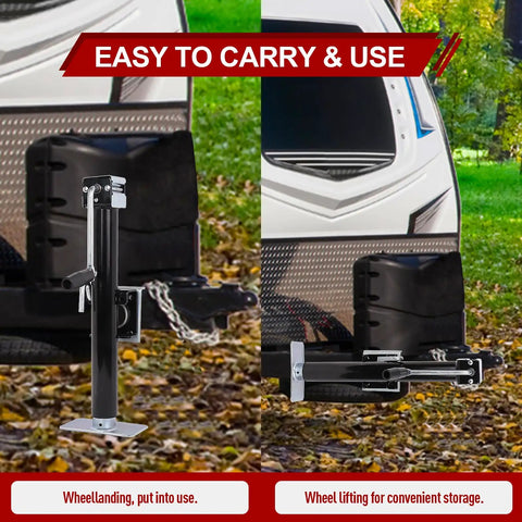 Heavy Duty Trailer Jack With 360 Swivel Weld-On Pipe Mount, 15 Inch Lift Range, Ergonomic Side Wind Handle And Foot Plate, Corrosion-Resistant Black E-Coat Finish, Supports 5,000 Lbs For RVs, Boat, Utility And Farm Trailers, shown beside RV