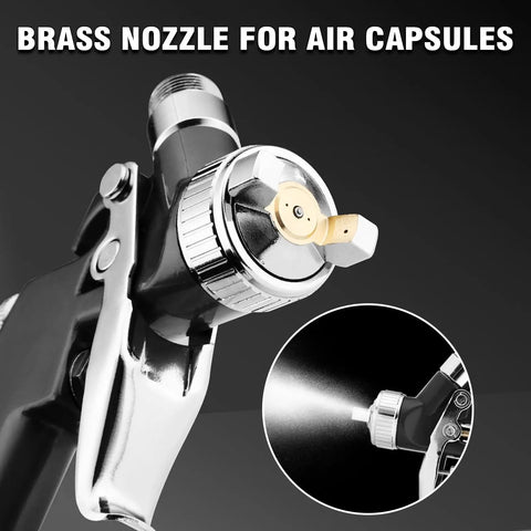 Mini HVLP Spray Gun With Precision Nozzles For Auto Touch Up Painting And Detailing No Drama Setup Adjustable Controls showing brass nozzle detail.