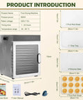 Top Tier Electric Food Dehydrator With 12 Heavy Duty Stainless Steel Trays And Advanced Dual Fan Heating System shown with accessories and dimensions.