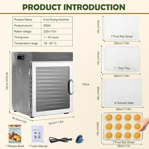 Ultimate Kitchen Workhorse 12 Tray Electric Food Dehydrator With 1000 Watt Dual Fan System And Stainless Steel Build with accessories.