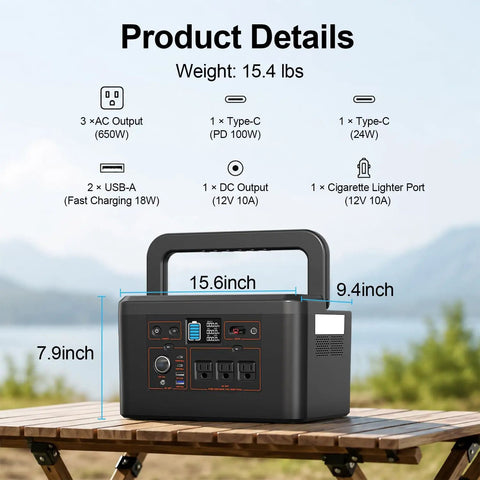 Kick Back With This 650W Portable Power Station, 576Wh LiFePO4 Battery, Fast Solar Generator For Camping, showing connectivity ports and dimensions.
