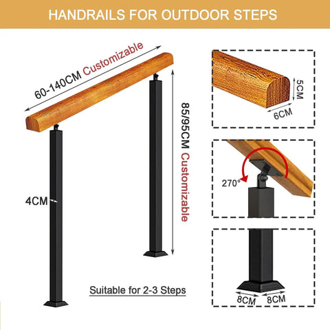 Rock Solid Adjustable Wooden Hand Railing For Floor Mount Bannister System, 85/95cm height, natural timber, for outdoor steps.
