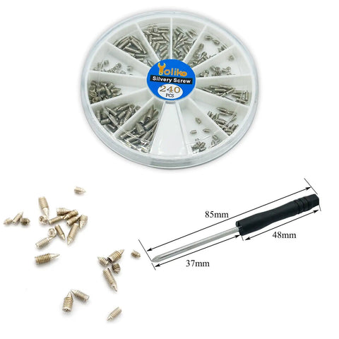 Nickel Plated Carbon Steel Tip Screws Set With 2mm Driver 240 Pcs In 12 Sizes for leather repair, organizer box shown