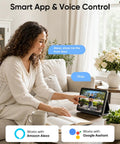 Woman using smart app on tablet with voice control for SZPOWER 2K Floodlight Camera, 3000K Hardwired Smart Security Camera Outdoor.