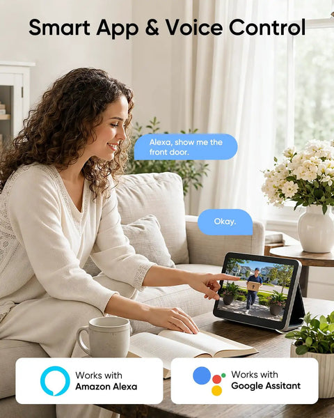 Woman using smart app on tablet with voice control for SZPOWER 2K Floodlight Camera, 3000K Hardwired Smart Security Camera Outdoor.