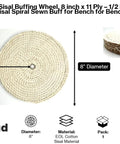 Close-up of Heavy Duty 8 Inch Sisal Buffing Wheels 2 Pack Medium Cut Spiral Sewn Coarse Grinding Discs For Metal Polishing And Scratch Removal, showing 8 inch diameter with 5/8 inch arbor hole.