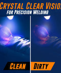 Premium 0.04 Inch Clear Welding Lens 2x4.25 For Welding Helmets Replacement Lens showing comparison of clean vs dirty vision