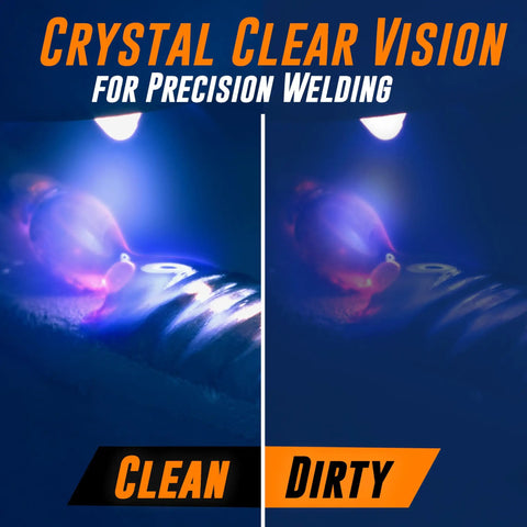 Premium 0.04 Inch Clear Welding Lens 2x4.25 For Welding Helmets Replacement Lens showing comparison of clean vs dirty vision