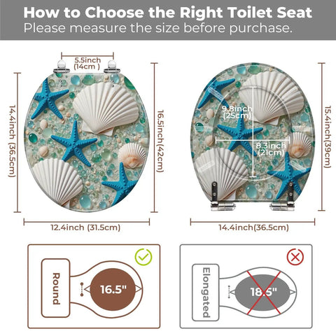 Round Resin Toilet Seat for Bathroom showing size guide with dimensions for round and elongated options.