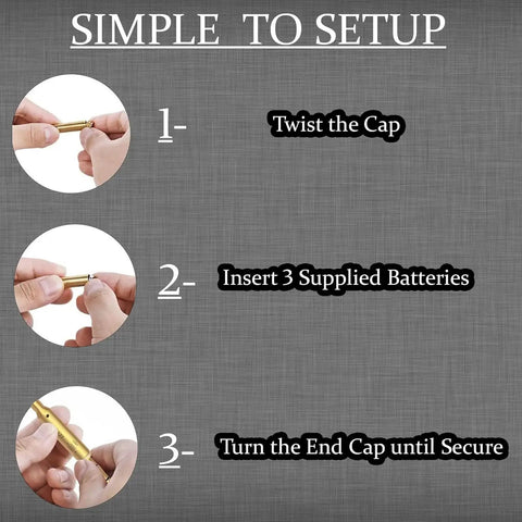 Setup steps for Laser Bore Sighter End Barrel For Revolvers Pistols And Rifles, Easy Fit, Brass Construction, Class IIIA Red Laser 650nm.