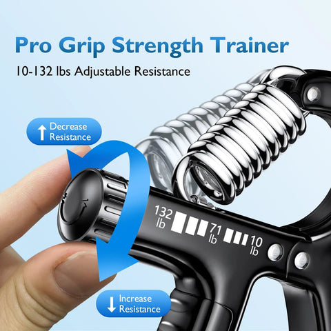 Grip Strength Trainer With Adjustable Resistance From 10 To 132 Lbs For All Levels Hand And Forearm Workouts And Rehab Ideal For Athletes Weightlifters Climbers And Physical Therapy Recovery One Piece Black, showing tension adjustment knob and steel spring.