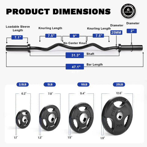 25mm Grip Black EZ Curl Bar And 85lb Rubber Coated Plates Set dimensions, showing knurling lengths and plate sizes