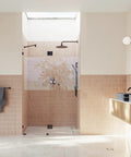 Frameless Shower Door Hinge With Enduroshield Glass Coating For 78 Inch By 46 And A Half Inch Doors In Polished Brass Finish on glass shower enclosure