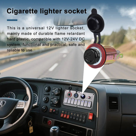 Beefy Aluminum 8 Gang Rocker Switch Panel For Marine Use With Dual USB Ports And Voltmeter Waterproof 12 To 24V Panel displayed in vehicle dashboard with cigarette lighter socket.