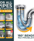 Image showing a drain pipe with specifications for pipes between 1.5-3 inches for Self Feeding Drill Ready Drain Snake For Kitchen And Bath Clogs Five Zero Foot Heavy Duty Plumbing Auger With No Hand Cranking That Makes Unclogging An Absolute Breeze For Real DIY Crews.
