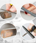 Close-up of Handy Deburring Tool Kit With 6 Pcs Needle Files And 10 HSS Blades used on metal, pipe edges, resin, and plastic surfaces.