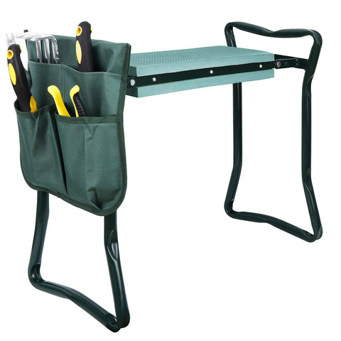 Foldable Garden Kneeler Seat With Free Tool Pouch, Sturdy Steel Bench With Wide Soft EVA Foam Cushion, 2 In 1 Kneeler And Stool