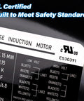 Label showing specifications of Heavy Duty One Horsepower Boat Lift Motor With 56C C Face Rigid Base Dual Voltage Dock Hoist Winch Replacement.