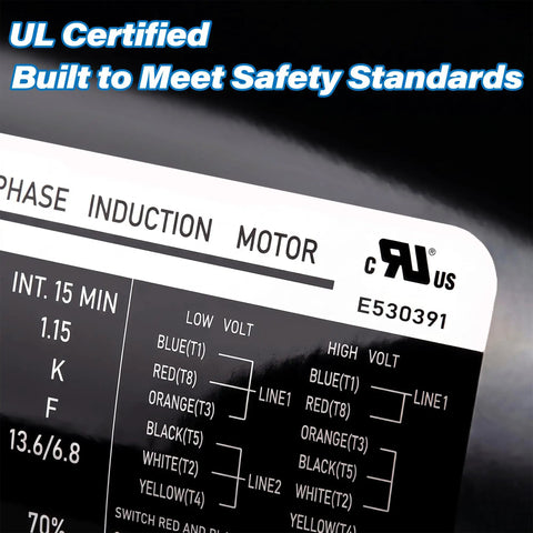 Label showing specifications of Heavy Duty One Horsepower Boat Lift Motor With 56C C Face Rigid Base Dual Voltage Dock Hoist Winch Replacement.