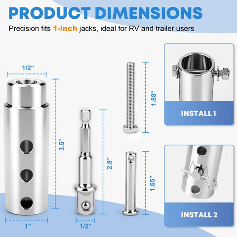 Product dimensions of Rock Solid Heavy Duty Stainless Steel Trailer Jack Drill Adapter For One Inch Drive Shafts with half inch socket.